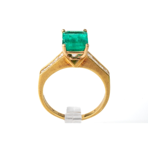 46 - An 18k yellow gold emerald and diamond ring, the step-cut emerald approx 9.5mm x 7mm, in four prong ... 