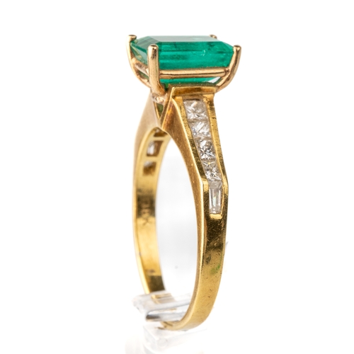 46 - An 18k yellow gold emerald and diamond ring, the step-cut emerald approx 9.5mm x 7mm, in four prong ... 