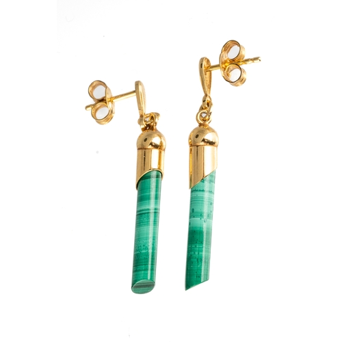 50 - A pair of 9ct yellow gold and malachite drop earrings, approx 3.8cm long, total gross weight approx ... 