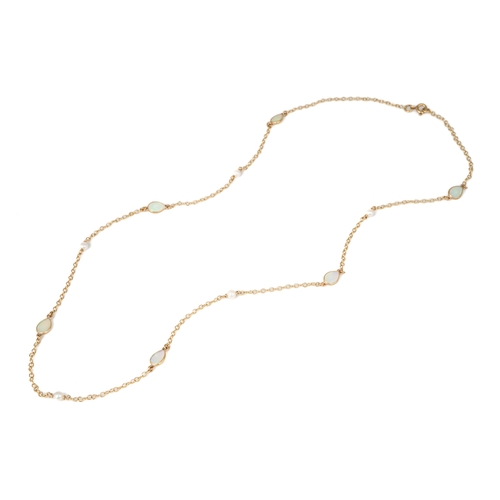 57 - A 9ct yellow gold pearl and opal chain necklace, the fine belcher chain set with alternating pearls ... 