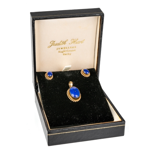 59 - A 9ct yellow gold and lapis lazuli pendant and earring set, the oval pendant approx 2.5cm, together ... 