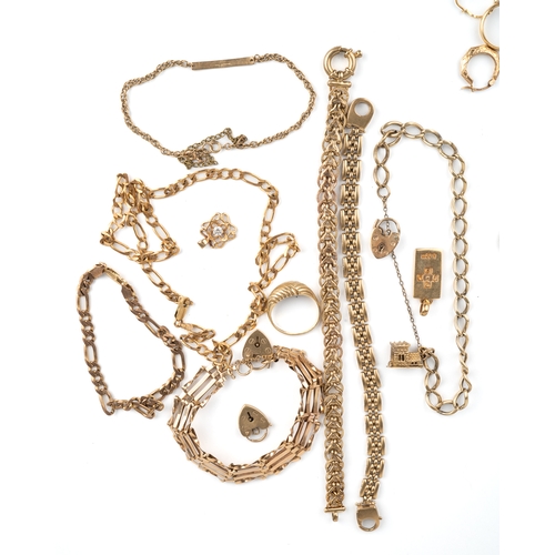 84 - A quantity of 9ct gold, to include assorted bracelets, necklaces and earrings, padlocks, charms, som... 