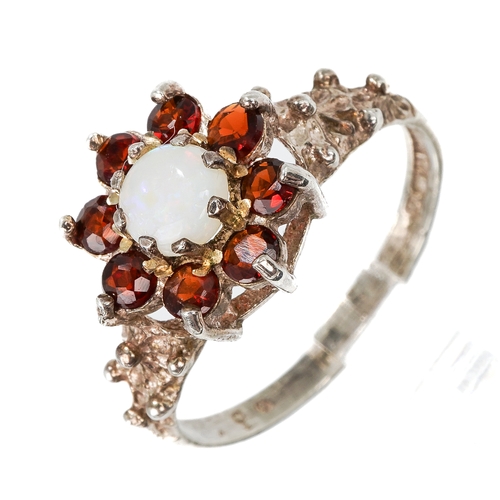 86 - A silver opal and garnet ring, size L, total gross weight approx 1.9g