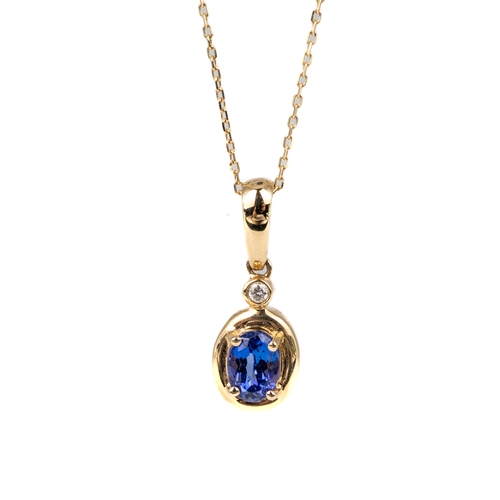 88 - A 14k yellow gold tanzanite and diamond oval pendant, on a fine gold chain, total gross weight appro... 