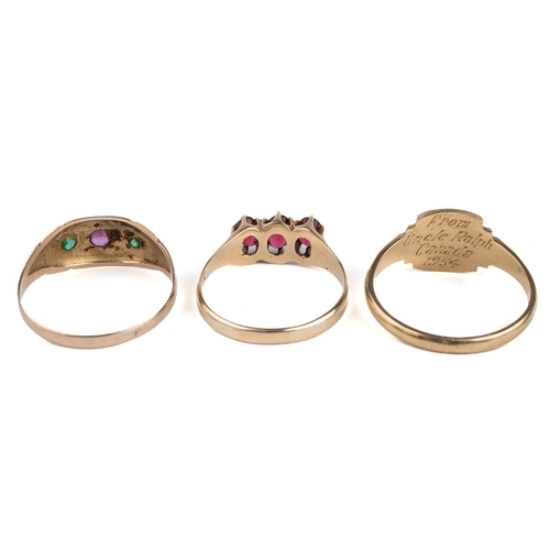 92 - A 14k yellow gold and pink stone ring, size O, total gross weight approx 2.6g; a 9ct yellow gold sig... 