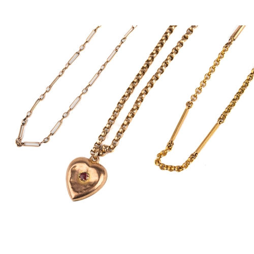 96 - A late 19th/early 20th century 9ct yellow gold belcher link chain and heart pendant, total gross wei... 