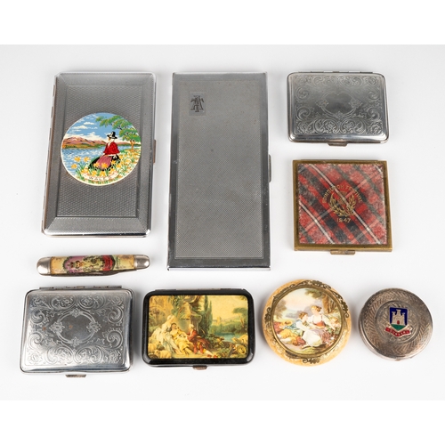 100 - A collection of compacts and cigarette cases, including circular white metal compact with enamelled ... 