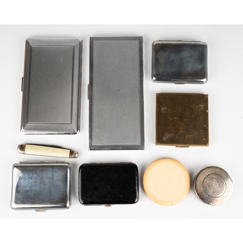 100 - A collection of compacts and cigarette cases, including circular white metal compact with enamelled ... 