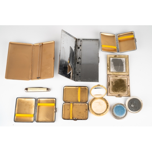 100 - A collection of compacts and cigarette cases, including circular white metal compact with enamelled ... 