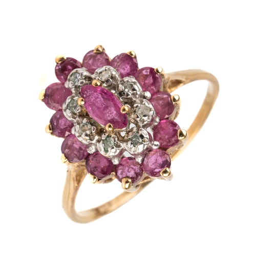 117 - A 9ct yellow gold ruby and diamond oval cluster ring, size P, total gross weight approx 2.2g; togeth... 