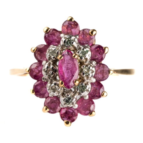 117 - A 9ct yellow gold ruby and diamond oval cluster ring, size P, total gross weight approx 2.2g; togeth... 