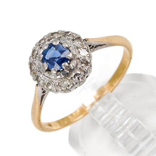 122 - An Edwadian 18ct yellow gold sapphire and diamond cluster ring, size M1/2, total gross weight approx... 