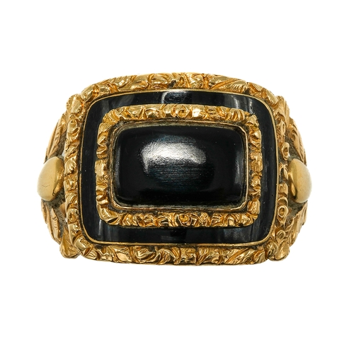 132 - A George III 18ct yellow gold and black enamel mourning ring, with black enamel with chased gold bor... 