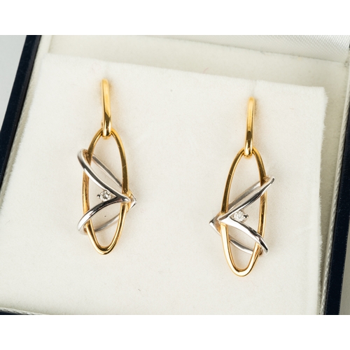 137 - A pair of 18ct yellow and white gold drop earrings, each set with a diamond approx 0.05ct, post and ... 