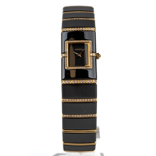 149 - A Rado Diastar bi-colour diamond ladies wristwatch, ref 963.0410.3, square black dial, diamond bezel... 