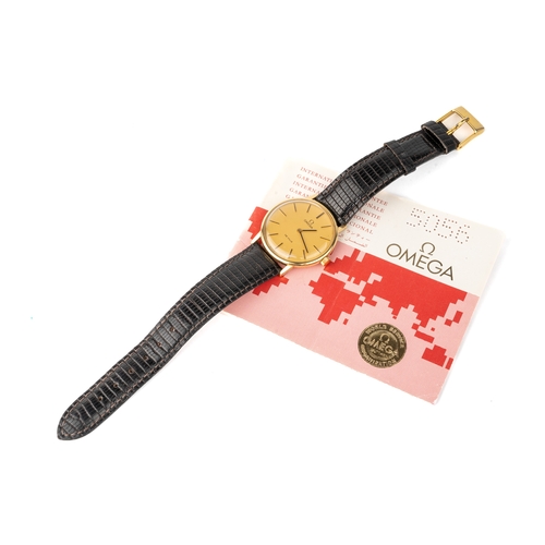 150 - A gentleman's 18ct yellow gold Omega De Ville wristwatch, circular gold dial with baton indicators, ... 