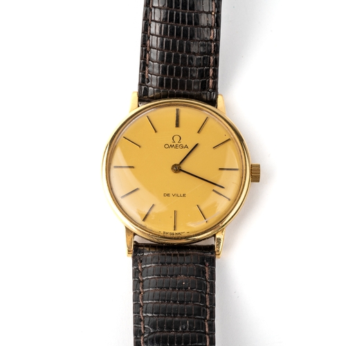 150 - A gentleman's 18ct yellow gold Omega De Ville wristwatch, circular gold dial with baton indicators, ... 