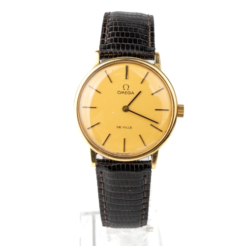 150 - A gentleman's 18ct yellow gold Omega De Ville wristwatch, circular gold dial with baton indicators, ... 