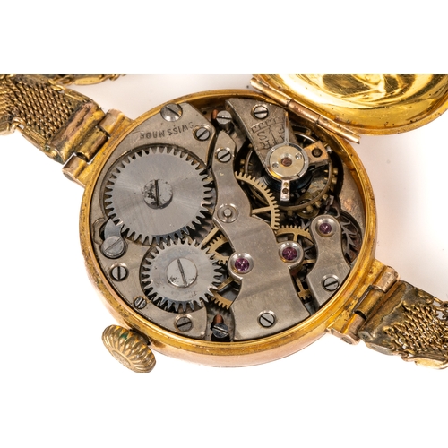 156 - A ladies 9ct yellow gold circular wristwatch, on a gold plated strap; and another, with a gold plate... 