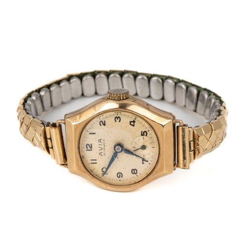 162 - A ladies Avia 9ct yellow gold wristwatch, on a gold plated expanding bracelet