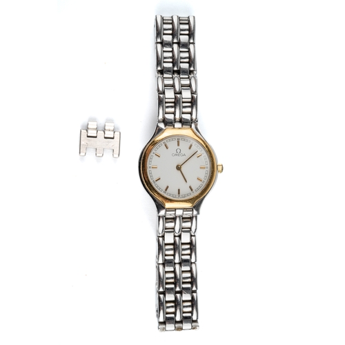 165 - A ladies 1980s Omega stainless steel wristwatch, circular white dial with baton indicators, gold col... 