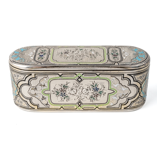 186 - A 19th century French silver and enamel rounded rectangular snuff box, engraved floral decoration th... 