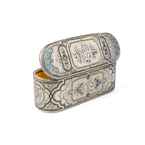 186 - A 19th century French silver and enamel rounded rectangular snuff box, engraved floral decoration th... 