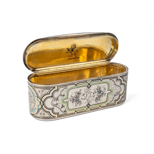 186 - A 19th century French silver and enamel rounded rectangular snuff box, engraved floral decoration th... 