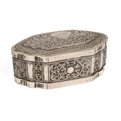 191 - A late 19th centruy Far Eastern silver snuff box, cast with foliate scrolls, approx 7.5cm; together ... 