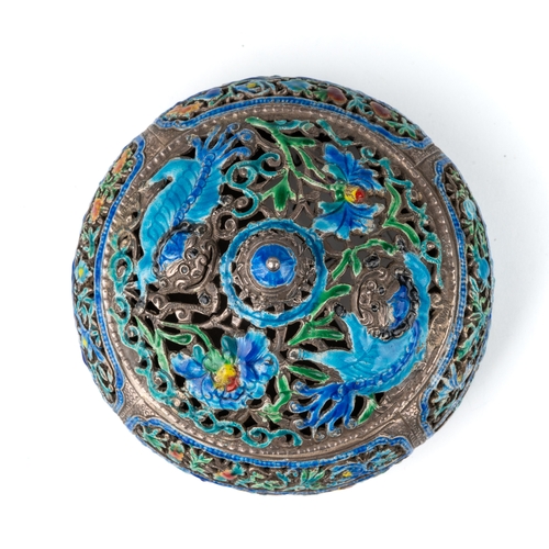 193 - A Chinese white metal and enamel circular pot and cover, pierced and enamelled with dragons, approx ... 