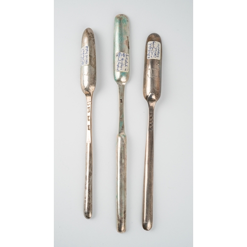 201 - Three various 18th or 19th Century silver marrow scoops to include: 
1. George II with shell thumbpi... 