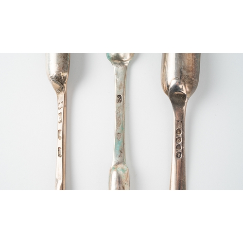 201 - Three various 18th or 19th Century silver marrow scoops to include: 
1. George II with shell thumbpi... 