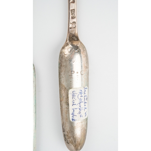 201 - Three various 18th or 19th Century silver marrow scoops to include: 
1. George II with shell thumbpi... 