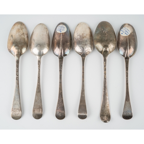 202 - A collection of six early 18th Century sterling silver Hanoverian table spoons, two with rat tails, ... 