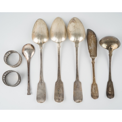 203 - Three 18th Century Irish silver fiddle pattern table spoons with rat tails, engraved with initials, ... 