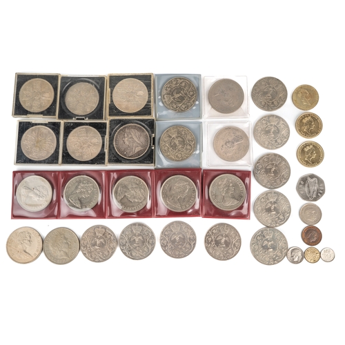 224 - Assorted coins, including an 1893 silver crown; various 1953 Five Shillings; commemorative etc