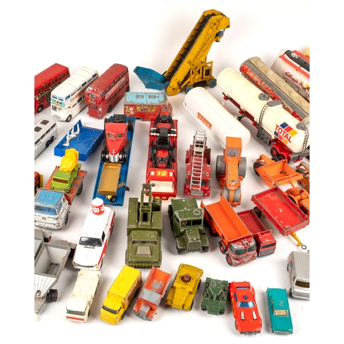 259 - A collection of play worn toys, including Lesney, Dinky, Matchbox tin plate, etc.