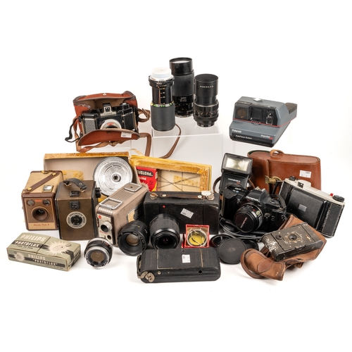 277 - A collection of cameras and lenses, including Kenilworth box camera; Kodak Brownie Flash IV; Coro-Fl... 