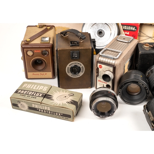 277 - A collection of cameras and lenses, including Kenilworth box camera; Kodak Brownie Flash IV; Coro-Fl... 