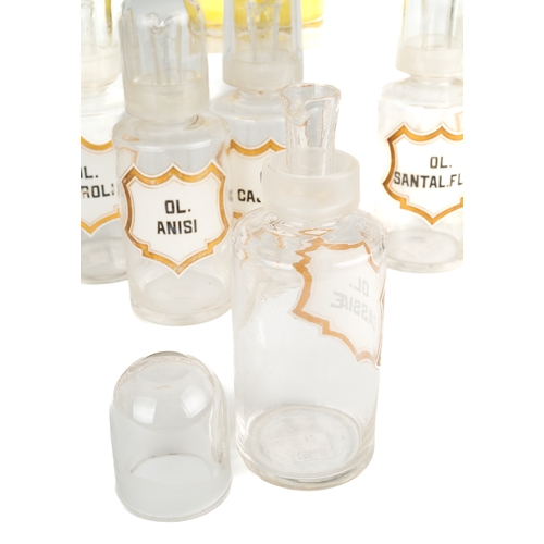 283 - Medical interest. Collection of 12 antique glass chemists bottles. The labels in white enamel with g... 