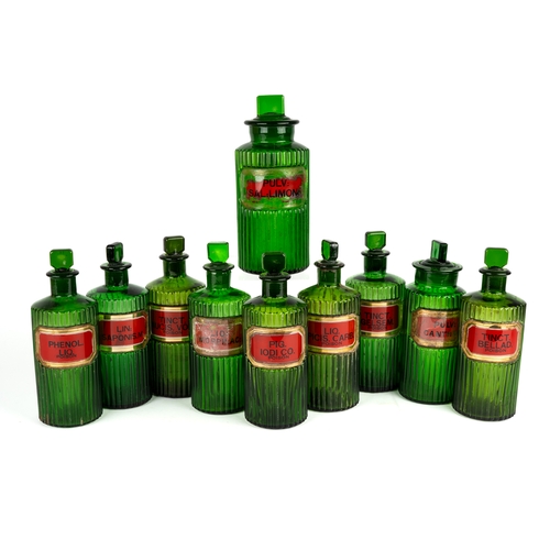 284 - Medical interest. 10 antique green ribbed glass chemist bottles. 5 marked poison, all different name... 