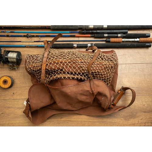 294 - A quantity of vintage fishing equipment, to include five rods, together with Brady fishing bag, reel... 