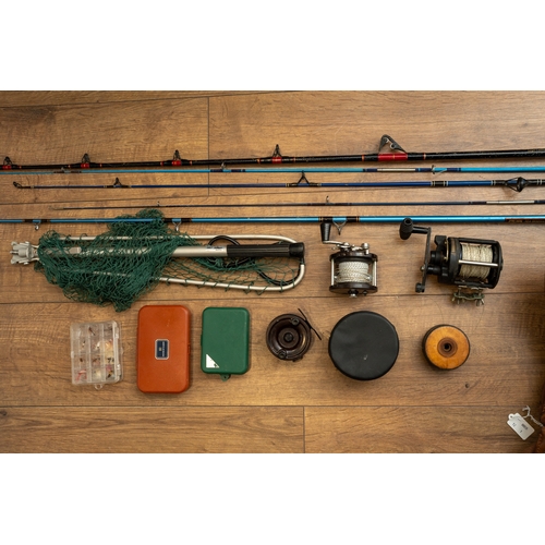 294 - A quantity of vintage fishing equipment, to include five rods, together with Brady fishing bag, reel... 