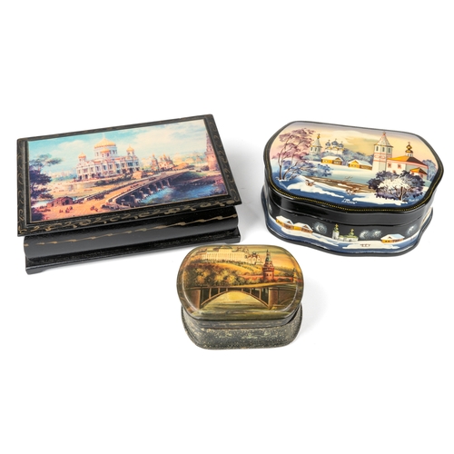 307 - Three Russian paper mache lacquered boxes (one printed)