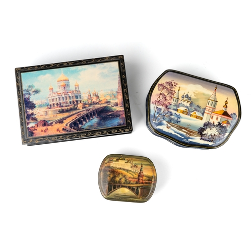 307 - Three Russian paper mache lacquered boxes (one printed)