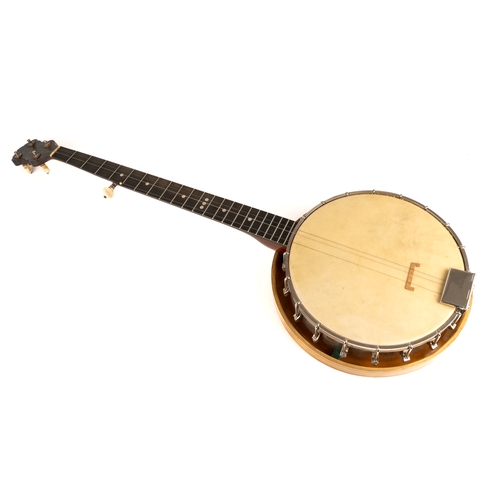 325 - A cased vintage five-string banjo, with maple resonator, 91cm long, marked to the neck, “Sanders Pap... 