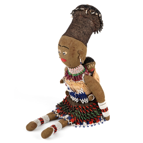 338 - A vintage South African beaded felt doll, of a mother and a child, approx 43cm high