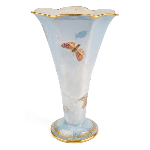 377 - A Carlton Ware trumpet shape vase, decorated with butterflies and moths on a pale blue ground, black... 