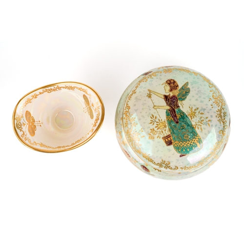 381 - A Crown Devon Fieldings Lustrine circular jar and cover, the lid decorated with a fairy, the bowl de... 