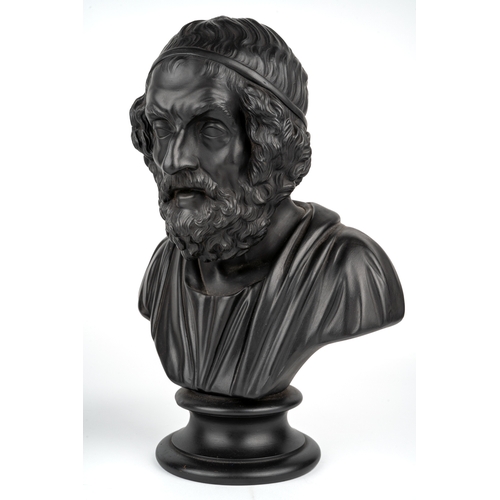 385 - A 19th century Wedgwood black basalt bust of Homer, marked to back and base, approx 27cm high